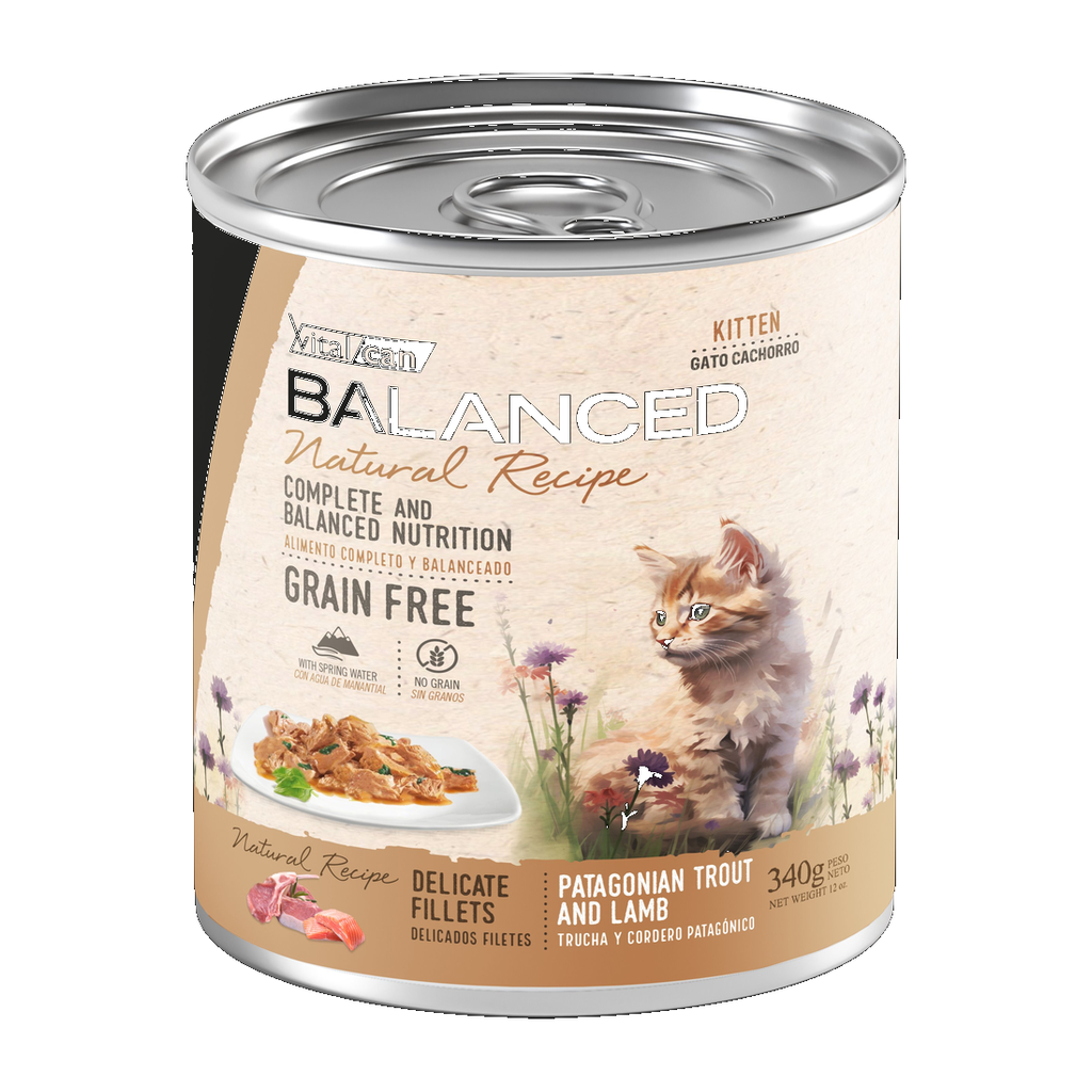 Vitalcan Balanced Gato Cachorro Trucha y Cordero Patagónico 340g — Húmedo Grain Free | Vitalcan